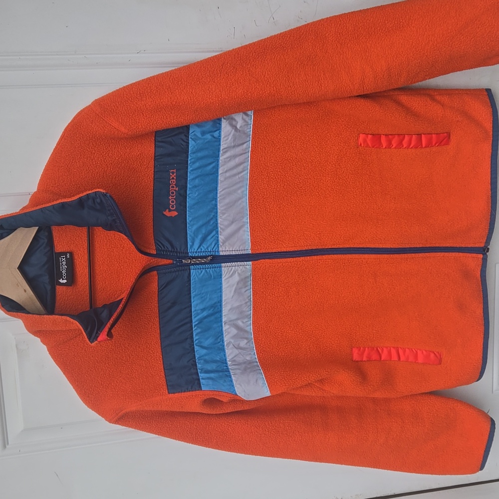Cotopaxi Orange Fleece Jacket with Navy, Blue & Light Gray Stripes - Picture 2 of 4